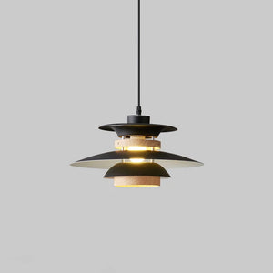 A Scandinavian pendant light with natural wood accents and a black shade.