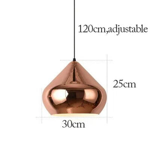 The Nordic Rose Gold Pendant Light, with a modern and elegant design, features an adjustable cord. It measures 30cm in diameter, 25cm in height, and has a total length of 120cm.