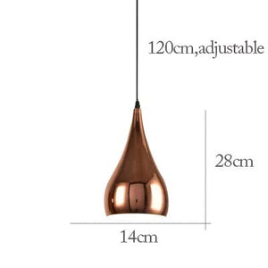 The Nordic Rose Gold Pendant Light in copper has a sleek teardrop shape, measures 14cm wide by 28cm tall, and includes an adjustable cord up to 120cm, adding modern sophistication to any space.