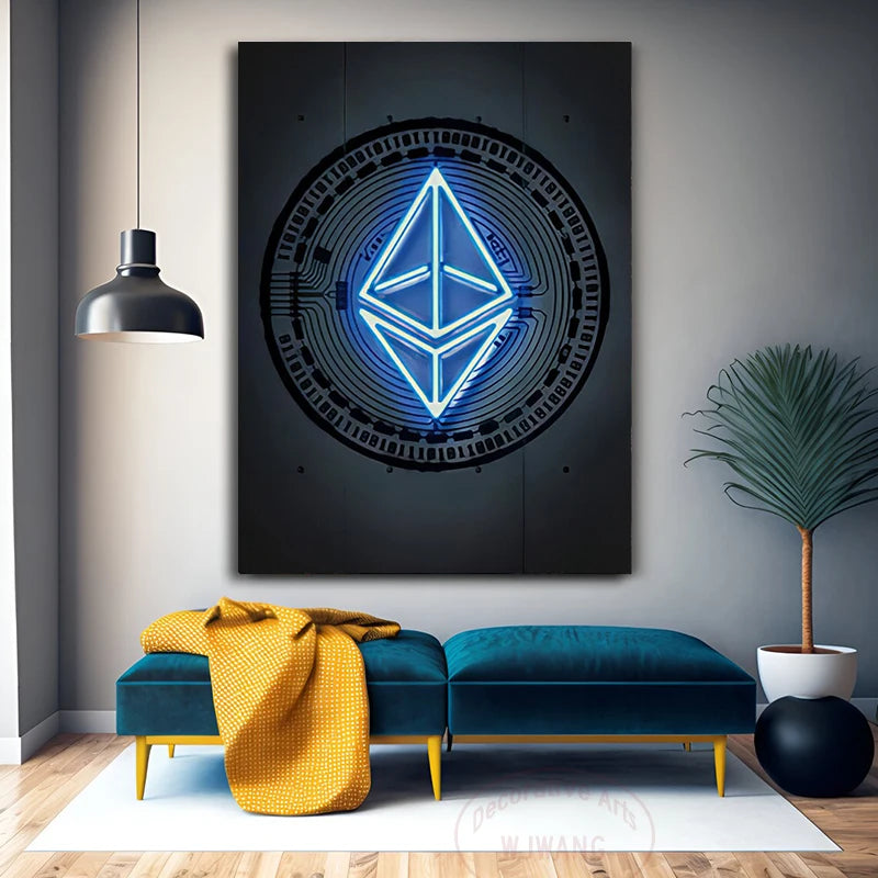 A modern living room featuring a teal bench, yellow blanket, potted plant, and the Frameless Ethereum Print—a striking neon blue wall art with a glowing Ethereum logo above circuit patterns—creates a vibrant focal point.