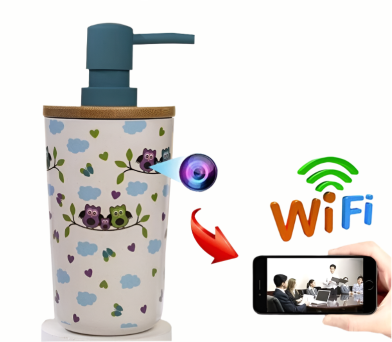 The Cute Decorative Display SpyCam is hidden in a lotion dispenser with an owl design and blue pump, perfect for discreet home surveillance. Symbols for Android and Wi-Fi guide you to a phone showing your meeting's live video feed.