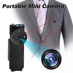 Illustration of the Shirt Button SpyCam, reminiscent of James Bond gadgets, showcasing its discreet integration in a suit jacket with red laser lines marking the lens location for live recording.