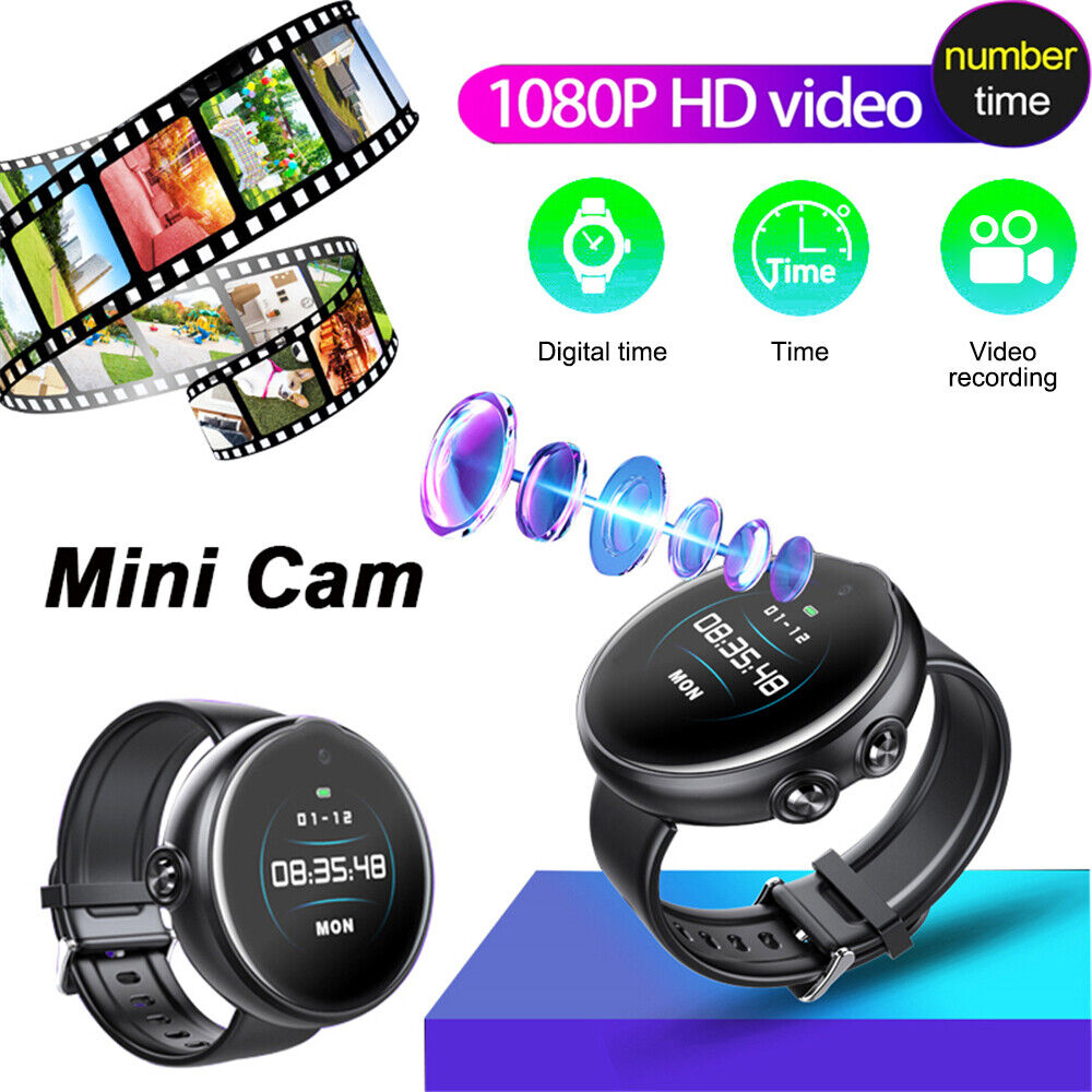 The Smart Watch SpyCam includes a mini camera with 1080P Full HD video, real-time sync, digital time display, and video recording features, illustrated by a film strip and lens imagery.