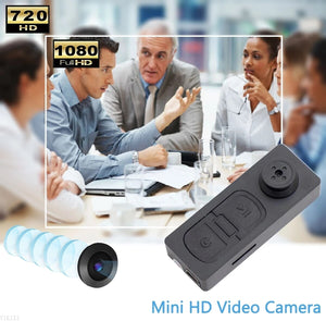 A group of people is gathered at a table next to an image of the Advanced Shirt Button SpyCam, evoking memories of classic James Bond gadgets, seamlessly concealed as a shirt button. Labels emphasize its 720 HD and 1080 Full HD capabilities.