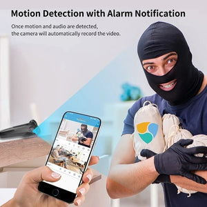 A masked person is holding multiple bags, with a smartphone displayed in the foreground showing camera feed and motion detection alerts. The text reads "Motion Detection with Alarm Notification"—the ultimate Shaver SpyCam for peace of mind.