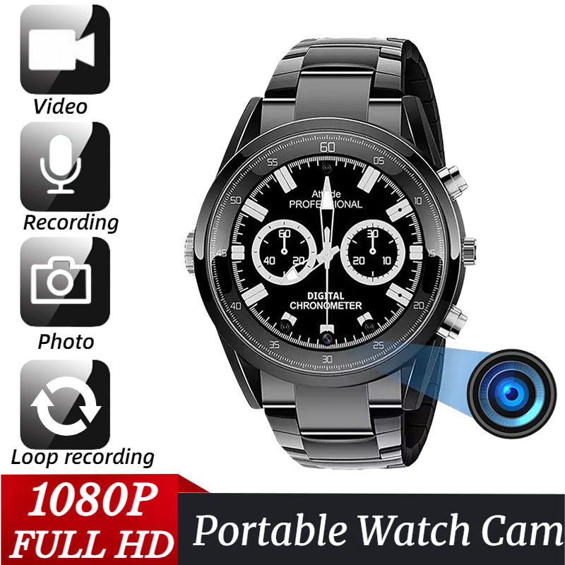 The 007 SpyCam Watch is a black digital chronometer wristwatch equipped with a hidden camera lens, offering features such as video recording, motion detection, photo capture, loop recording, and 1080P full HD.