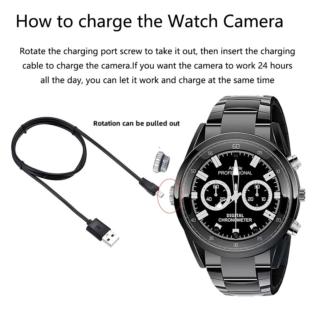 Diagram showing how to charge the 007 SpyCam Watch, including the watch, charging cable, and instructions for rotating the charging port screw before inserting the cable. This allows for simultaneous charging and use with motion detection capabilities.