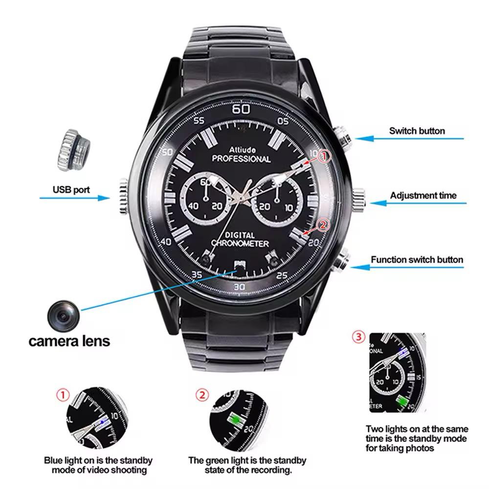 The 007 SpyCam Watch is a black digital chronograph with labeled buttons, USB port, camera lens, and indicator lights for video, photo, and recording—featuring a hidden 1920x1080P HD camera.