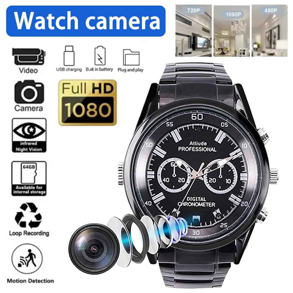 007 SpyCam Watch features a hidden camera, 1920x1080P HD resolution, night vision, motion detection, loop recording, USB charging, and supports up to 64GB storage.