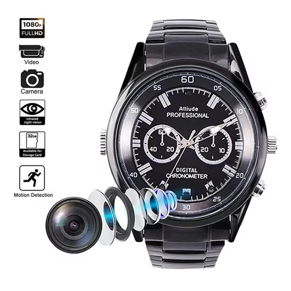 007 SpyCam Watch with multiple dials, surrounded by camera, video, and motion detection icons. An exploded view shows a hidden lens for discreet 1920x1080P HD recording.