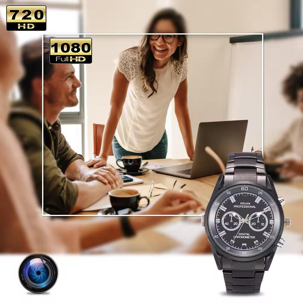 A 007 SpyCam Watch is shown above three people working at a table with laptops; labels compare 720p and 1080p HD video quality.