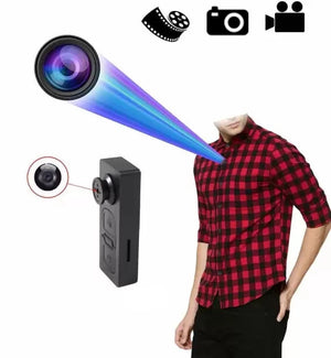 A man wearing the Advanced Shirt Button SpyCam, a red plaid shirt with features reminiscent of James Bond gadgets, is shown with a large camera lens and two icons depicting video recording in the image corner.