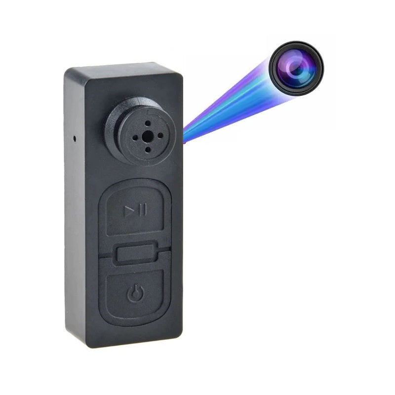 An advanced, black rectangular SpyCam styled like a James Bond gadget with a circular lens that projects light. This device, the Advanced Shirt Button SpyCam, includes buttons for play, pause, and power.