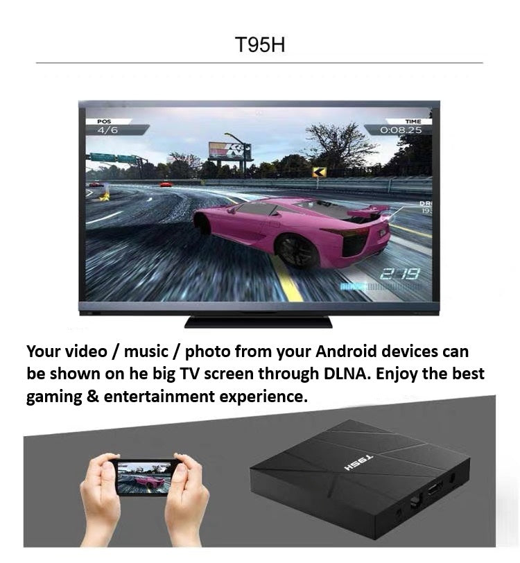 A TV shows a racing game mirrored from a smartphone using the Android TV Box SpyCam, highlighting DLNA-supported screen sharing.