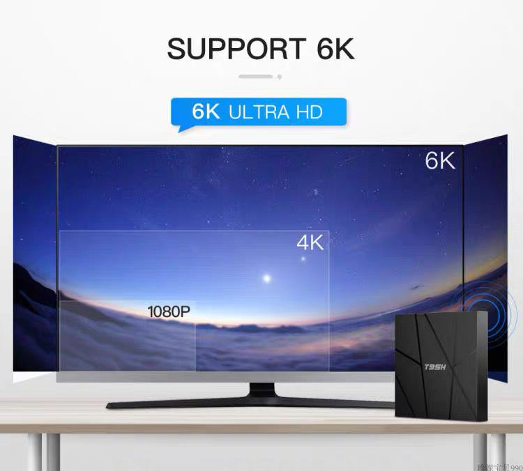 A TV screen shows 1080P, 4K, and 6K resolution comparisons with a black Android TV Box SpyCam beside it. Above the screen are the phrases "SUPPORT 6K" and "6K ULTRA HD.