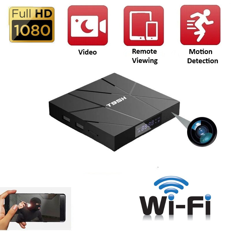 The Android TV Box SpyCam is a black electronic device labeled T95H, featuring full HD 1080p video, remote viewing, motion detection, Wi-Fi, and live feed viewing on your phone. Functions as both an Android TV Box and hidden camera.