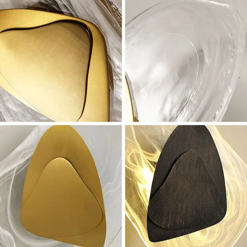 Four close-up shots of the Luxury Crystal Wall Lamp highlight abstract, triangular metallic and black shapes, each set against clear or illuminated textured backgrounds that evoke the lamp’s luxurious crystal design.