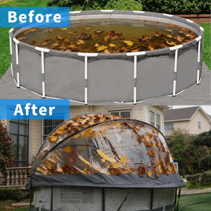 Top: Outdoor pool filled with water and fallen leaves. Bottom: Pool protected by the Large Outdoor Above Ground Pool Cover; leaves rest on the transparent cover, leaving the water clean. "Before" and "After" labels visible.