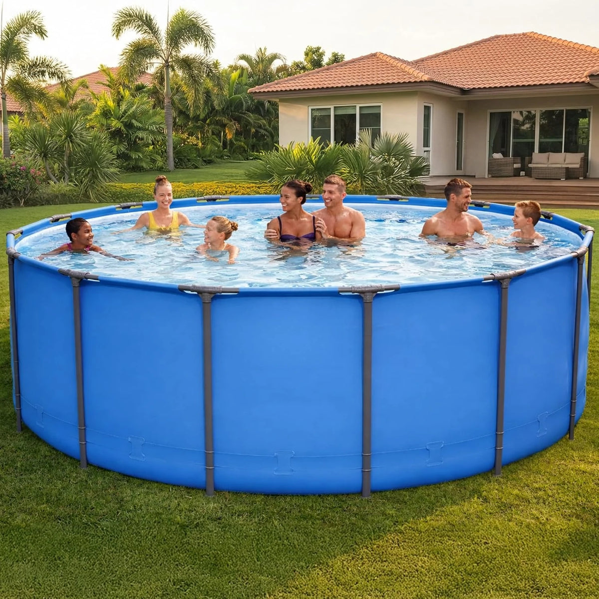 Six people are standing and talking in an Outdoor Swimming Pool set up on a lawn, with houses and palm trees visible in the background.