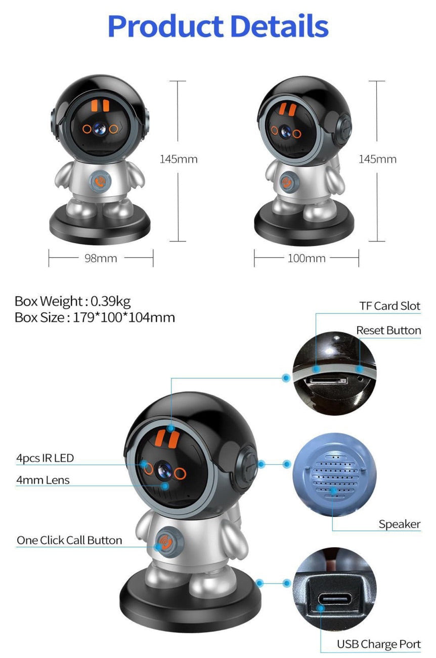 Mini Robot SpyCam diagram with labeled TF card slot, reset button, IR LEDs, lens, call button, speaker, USB charge port. Shows dimensions and box info. Perfect for home security thanks to AI auto-tracking features.