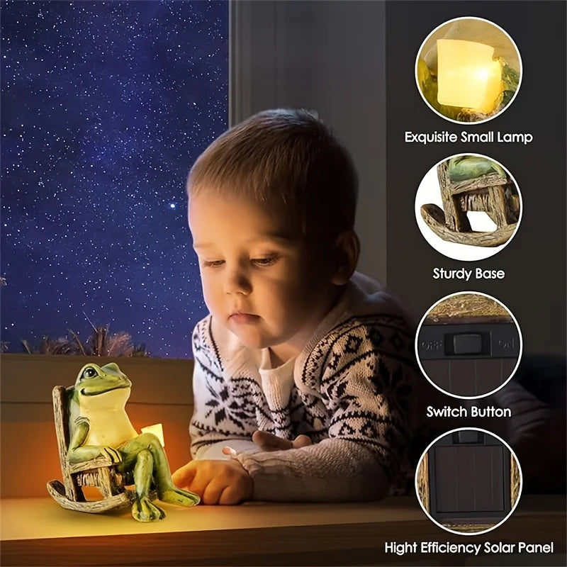 A young child looks at a Solar-powered Rocking Chair Frog Light figurine holding a small lamp, with labeled callouts showing features: small lamp, sturdy base, switch button, and high efficiency solar panel. This charming garden frog ornament is crafted from weatherproof resin for lasting outdoor enjoyment.