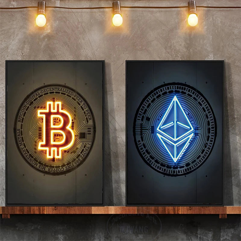 A vibrant frameless Ethereum print, featuring the blue Ethereum symbol, creates a striking focal point of Ethereum wall art mounted on a wall beneath three glowing exposed light bulbs.