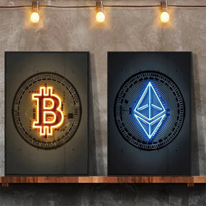 A vibrant frameless Ethereum print, featuring the blue Ethereum symbol, creates a striking focal point of Ethereum wall art mounted on a wall beneath three glowing exposed light bulbs.