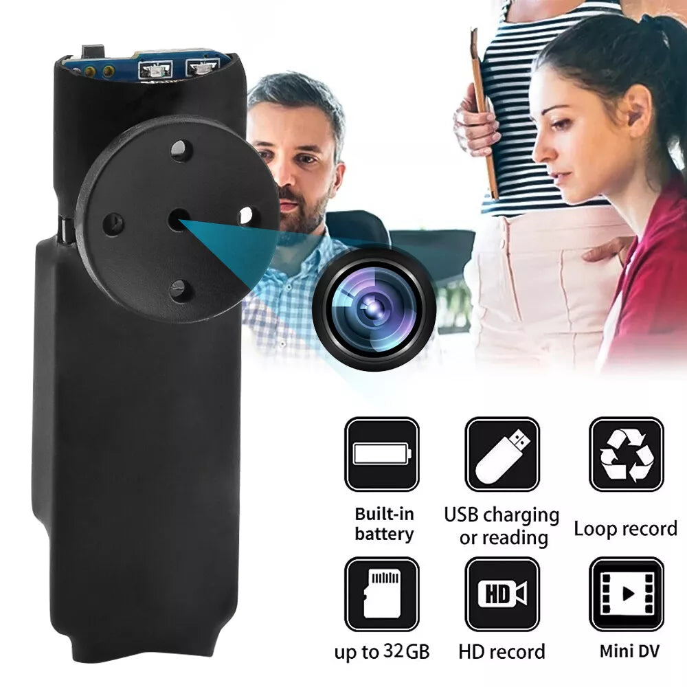 Introducing the Shirt Button SpyCam, a portable mini DV camera equipped with various features such as a built-in battery, USB charging, loop recording, HD recording, and up to 32GB of storage. It's the ideal discreet device for fans of James Bond gadgets. In the background, two people can be seen.