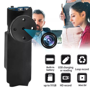 Introducing the Shirt Button SpyCam, a portable mini DV camera equipped with various features such as a built-in battery, USB charging, loop recording, HD recording, and up to 32GB of storage. It's the ideal discreet device for fans of James Bond gadgets. In the background, two people can be seen.