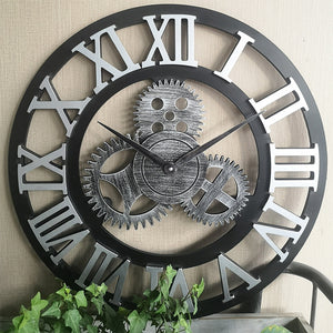 The Retro Gear Wall Clock features Roman numerals and intricate gear motifs at its center, with exposed gears adding a distinctive charm. Green plants at the bottom enhance its design with a touch of nature.