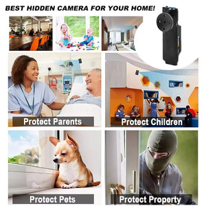 Collage highlighting hidden camera applications: keeping an eye on parents in a nursing home, overseeing children in the playroom, watching pets by the window, and spotting a masked intruder outside. Reminiscent of James Bond gadgets, these devices provide real-time recording and discretion, featuring options such as the Shirt Button SpyCam.