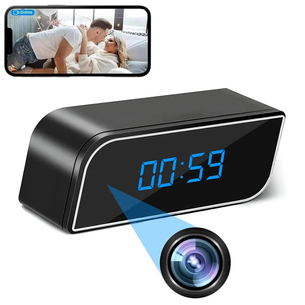 The SpyCam Camera Clock displays 00:59, discreetly hiding a camera lens; an inset shows a video feed of two people on a couch, ideal for motion detection and covert monitoring.