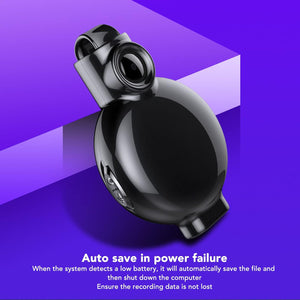 Necklace SpyCam, a black electronic device, is shown on a purple background. It auto-saves files during power failures to prevent data loss—ideal for protecting important footage captured with hidden camera jewelry.