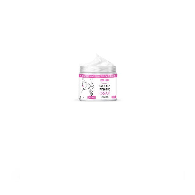 A jar of Skin Lightening Cream with an open lid, revealing the nourishing natural ingredients inside. The label is predominantly pink and white, featuring a figure illustration, perfect for addressing dark spots on knees and body.