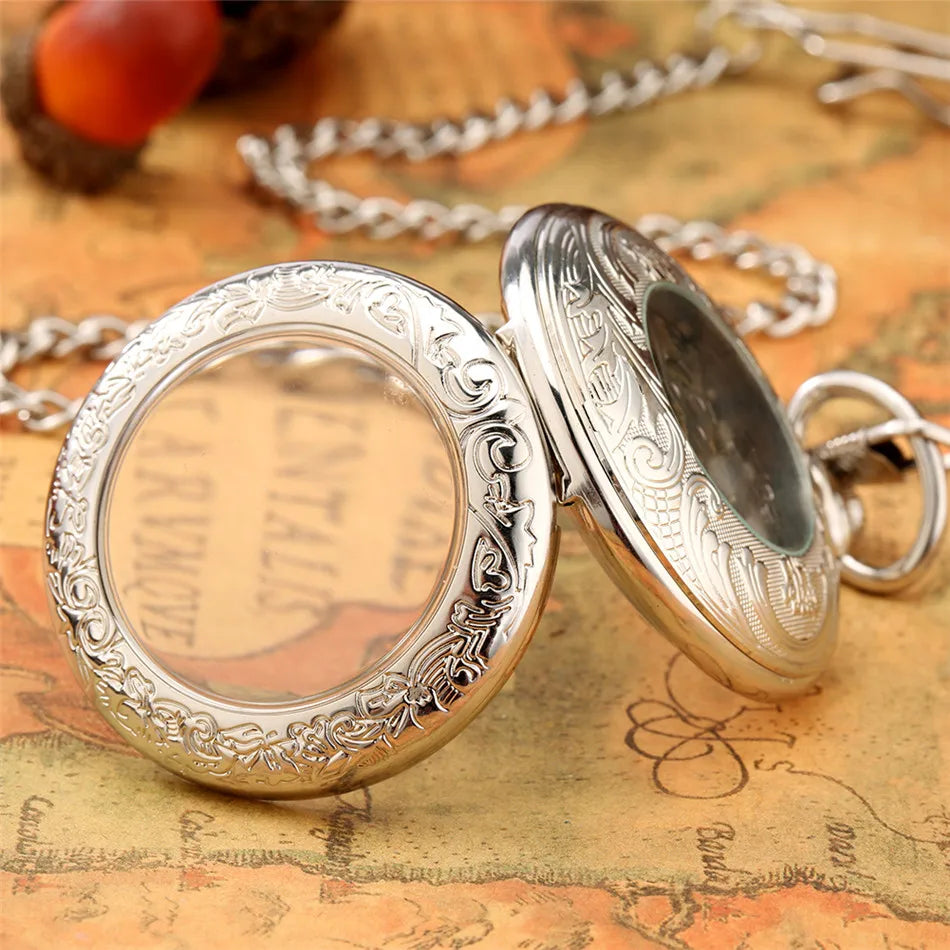 The Silvery Pocket Watch, featuring an ornate transparent skeleton dial, is shown open against a vintage-style map background.