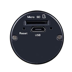 Close-up of the Outdoor Flashlight SpyCam circular interface, showing a Micro SD card slot, micro USB port labeled "USB," and a "Reset" button—ideal for adventures—with two screws on each side.