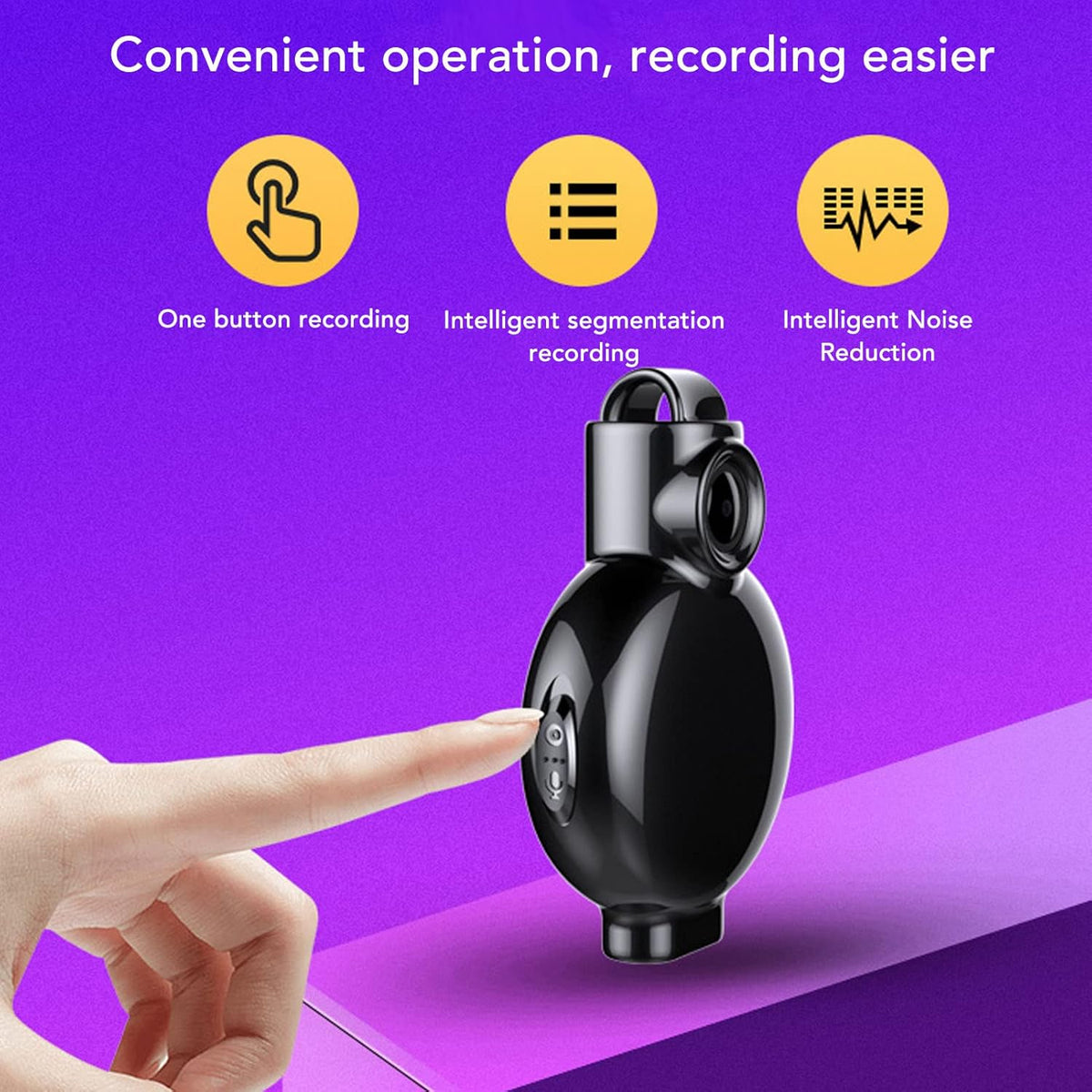 A hand points at the Necklace SpyCam, a sleek spy camera necklace featuring one button recording, intelligent segmentation recording, and intelligent noise reduction.