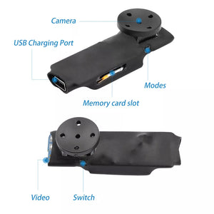 The Shirt Button SpyCam is a sleek black electronic device reminiscent of James Bond gadgets, featuring labeled parts such as a camera, USB charging port, memory card slot, modes, video functionality, and a switch. This device is designed for discreet surveillance with all the necessary functions neatly packed into one compact unit.