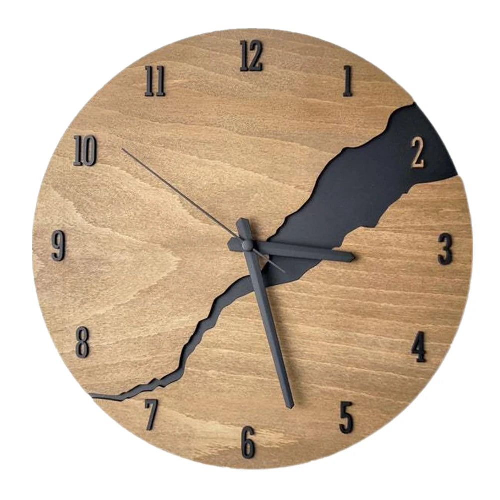 The Wooden Round Wall Clock features a rustic modern aesthetic with a distinctive crack design. It showcases black hour and minute hands on its natural wood finish, and the clock face includes an intriguing diagonal pattern that runs from 1 to 7, bringing unique character to any room.