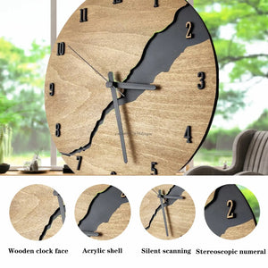 Introducing the Wooden Round Wall Clock: a rustic modern timepiece crafted with a natural wood finish, featuring black 3D numbers and a distinctive crack design down the middle. Its acrylic shell and silent scanning movement ensure it remains both stylish and functional.