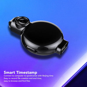 The Necklace SpyCam is a small, black, round electronic device set against a blue gradient backdrop with white text showcasing its smart timestamp and syncing features—perfect for discreet hidden camera jewelry.