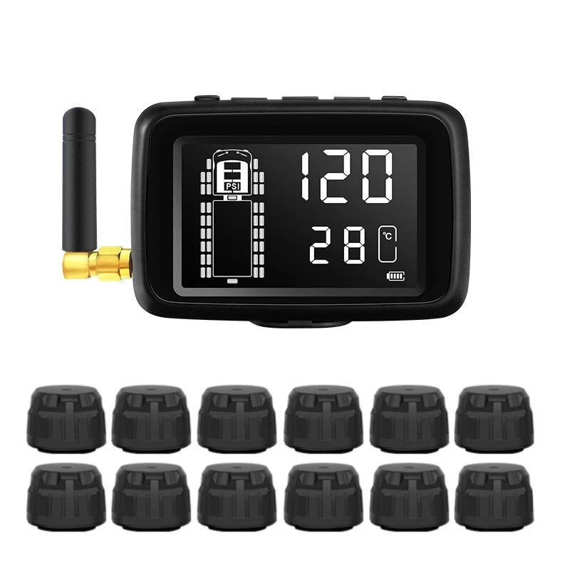 The Tire Pressure & Temperature Monitoring System boosts driving safety, featuring twelve black sensor caps arranged in two neat rows below.