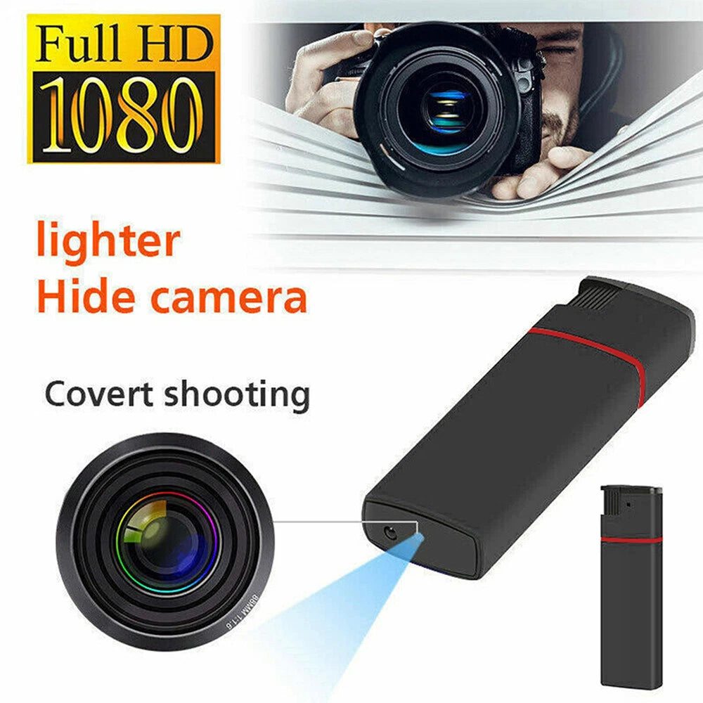 Promotional image showing the SpyCam Lighter, a covert camera disguised as a lighter with a lens and "Full HD 1080" label, perfect for discreet filming.