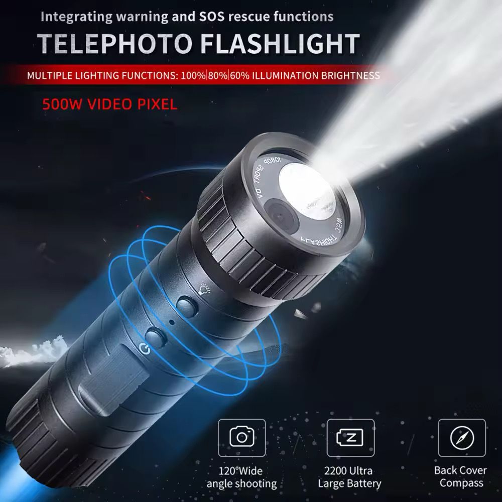 The Outdoor Flashlight SpyCam is a black waterproof flashlight for adventure, featuring 500W video pixels, SOS rescue mode, wide-angle shooting, a large battery, and a back cover compass.