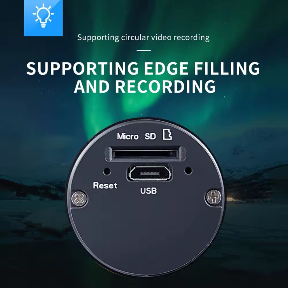 Close-up of the Outdoor Flashlight SpyCam’s back showing a Micro SD slot, Reset button, and USB port, plus text highlighting support for edge filling and circular video recording—ideal for your next adventure.