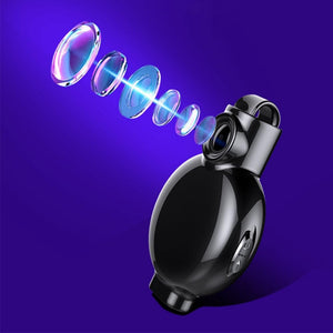 The Necklace SpyCam is a black digital camera with an exploded view of its multi-element lens assembly shown against a solid blue background—perfect inspiration for hidden camera jewelry or discreet wearable tech.