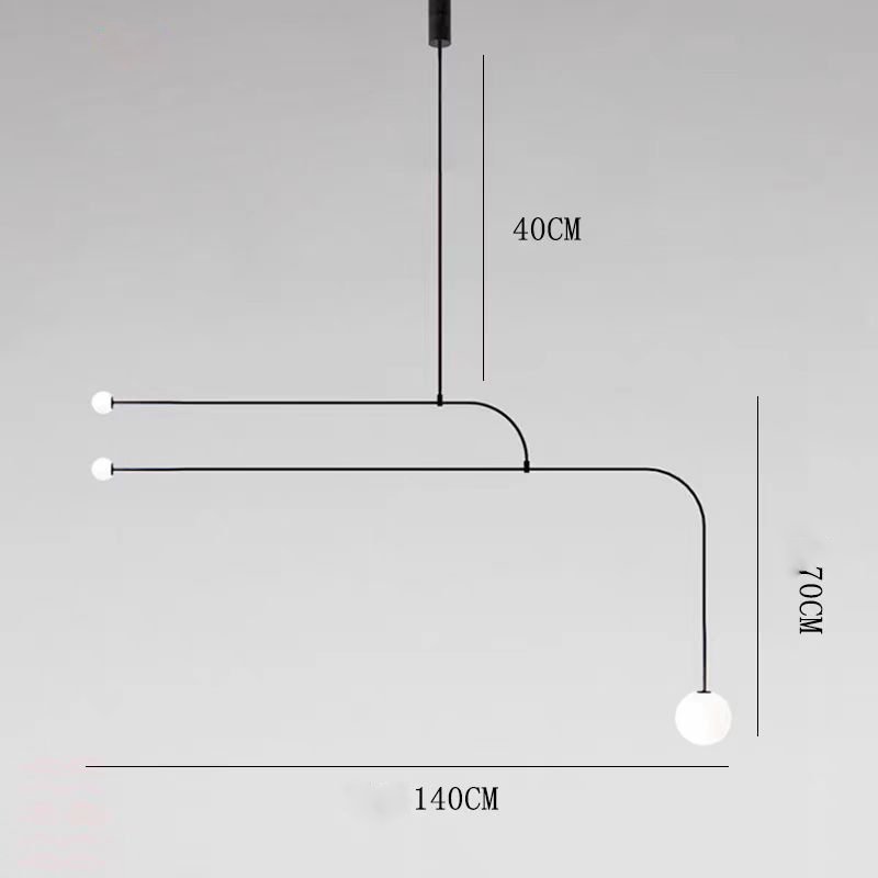 The Minimalist Line Light is a sculptural lighting piece with a black pendant, three curved arms, and spherical bulbs. It showcases modern elegance with dimensions of 140cm wide, 70cm high, and a 40cm drop against a white background.