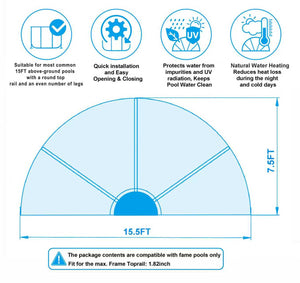 Diagram of the Large Outdoor Above Ground Pool Cover—a semi-circular, clear dome measuring 15.5 feet wide and 7.5 feet long—featuring icons for UV protection, easy setup, and water heating benefits, making it a stylish and highly functional choice for any above ground pool.