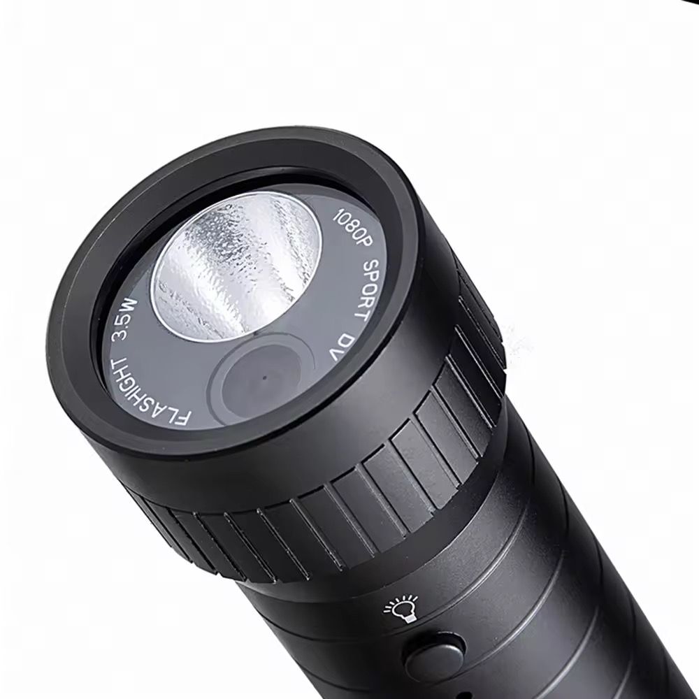 Close-up of the black Outdoor Flashlight SpyCam with "1080P," "SPORT," "3.5W," and "FLASHLIGHT" labels on the lens, highlighting its waterproof design—perfect for adventure or covert recording needs.