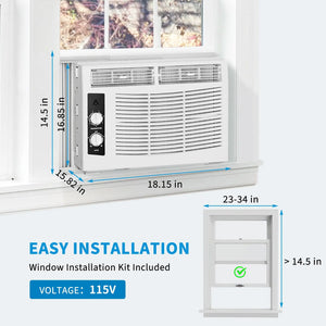 Window Air Conditioner installed, with dimensions 18.15 x 15.82 x 14.85 in; fits windows 23–34 in wide and at least 14.5 in high; perfect for cooling small rooms; runs on 115V.